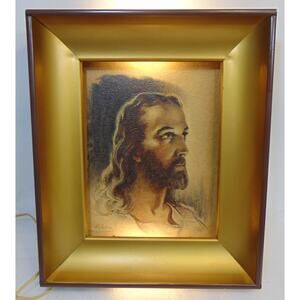 Jesus Picture Gold 1935 Metal Frame 12"X 15" Lighted Religion Christ God Vtg 3D